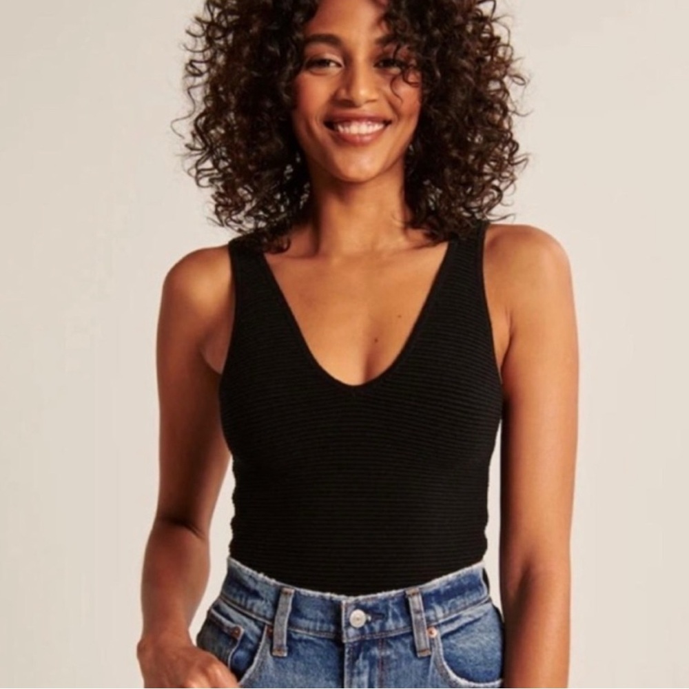 Abercrombie & Fitch Black Ribbed Double Scoop Bodysuit- Size Large